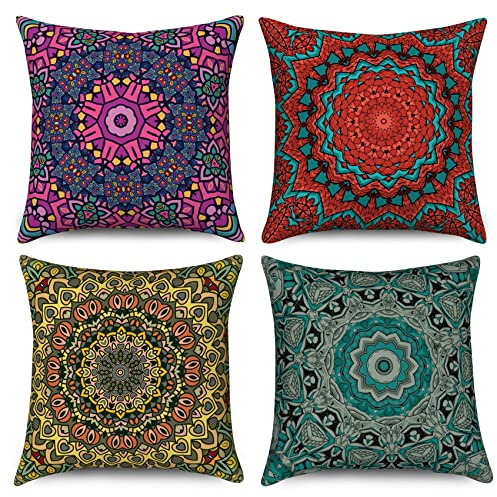 Hnmdmyi Kissenbezug Boho 50x50 4er Set, Retro Floral Mandala Kompass Medaillon Dekorative Kissenbezüge Bohemian Hippie Bunte Leinen Kissenhülle für Sofa Couch Bett Garten Outdoor Home Decor