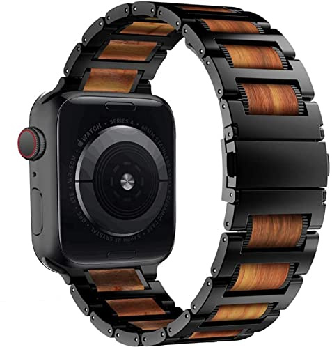 AMSH Holz-Armband für Apple Watch, 44 mm, 40 mm, 42 mm, 38 mm, Edelstahl-Armband, Correa-Gürtel für i-Watch Serie 5/4/3/SE/6/7, 45 mm, 41 mm