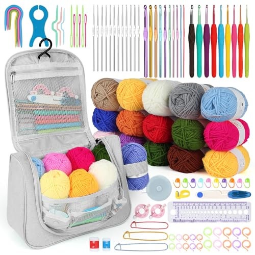 Aeeque Häkelset für Anfänger mit Ergonomisch Häkelnadeln, Leicht Häkelnadel Set mit Acrylwolle, Häkelset zum Häkeln Schals, Pullover, Decke, Bunte Häkelset für Kinder, Arthritis mit Zubehör (Grau)