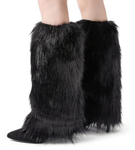 Peecabe Winter Women Faux Fur Fluffy Leg Warmers Fuzzy Long Boot Covers Furry For Christmas (Black, 40cm/15.7in Length)