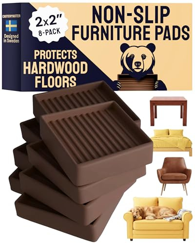 CasterMaster Non-Slip Furniture Pads Floor Protectors, 2x2 Square Rubber Anti Skid Caster Cups, Set of 8 Anti-Sliding Floor Protectors, Brown