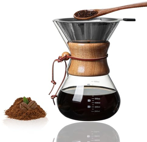 Tissting 400ML Cafetera de Cuello de Madera, Sleeve Cafetera con Filtro Permanente de Acero Inoxidable, Cafetera de Goteo Manual, Cafetera de Vidrio para el Hogar Cafe Fiesta (800ML)