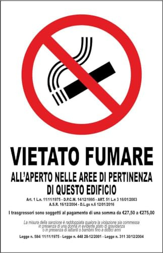 M-ITALY CARTELLO SEGNALETICO - vietato fumare all'aperto nelle aree di pertinenza - Adesivo Extra Resistente, Pannello in Forex, Pannello In Alluminio (30x42, Alluminio)