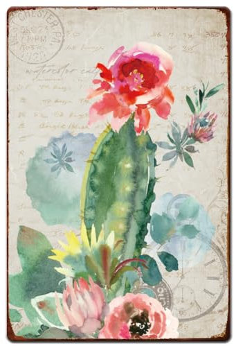 SUPERDANT Cartel de estaño de cactus de acuarela con plantas verdes, letrero de metal con temática botánica, placa de metal de hierro para pared, póster de cueva de hombre para jardín, dormitorio,