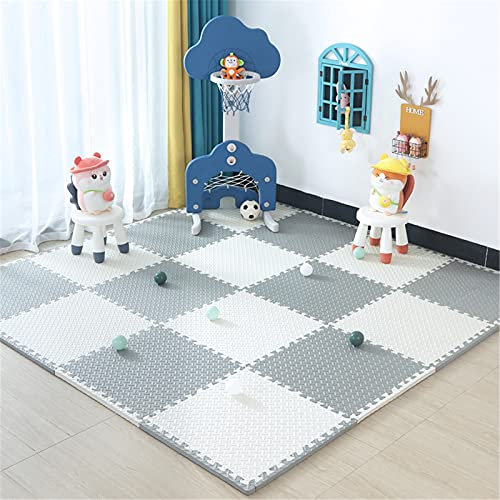 Eva-Schaum-Spielmatte, mehrfarbige ineinandergreifende Spiel-Puzzlematte mit Rändern für Wohnzimmer, Garten, Yoga, Fitnessstudio, Weiß + Grau, 16
