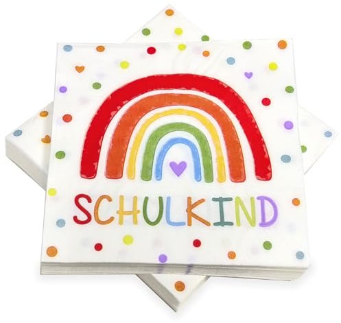40 Stück Servietten Einschulung Regenbogen, 3-lagig Servietten Schulanfang Deko Schulkind 2025 Mädchen Junge, Tischdeko Einschulung 33 x 33cm
