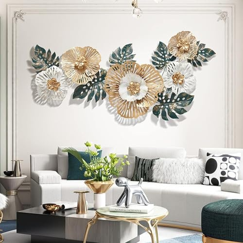 Wanddekoration mit Metallblumen, 3D-Wandkunst aus Metall in großer Größe, 137,2 x 56 cm, hängende Wandskulpturen als Heimdekoration, moderne goldene Wanddekoration für Wohnzimmer, Schlafzimmer, Büro