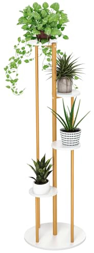 RELAX4LIFE 5 Etagen Blumenständer, 125 cm hoher Pflanzenständer aus Holz & Metallrahmen, dekoratives Pflanzenregal für Innenbereich, für Wohnzimmer, Balkon, Schlafzimmer & Flur (Weiß & Gold)
