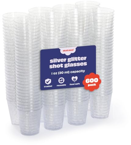 MATANA 600 Schnapsgläser aus Plastik mit Silberglitzer, 3cl - Pinnchen Kunststoff, Shotgläser, Shot Becher, Schnapsbecher, Plastikbecher - Party Zubehör - Stabil & Mehrweg