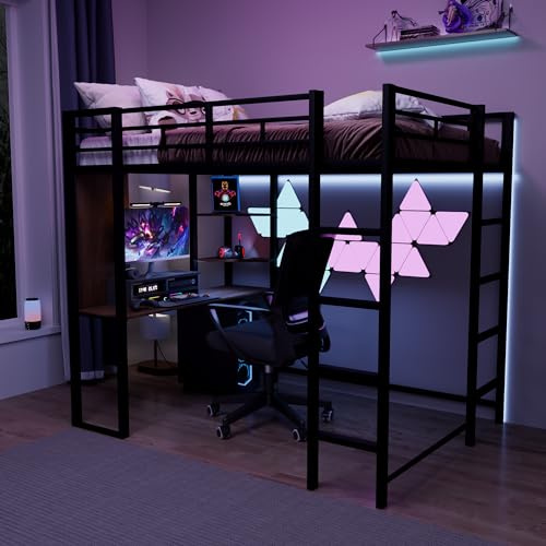 Merax Metal Loft Bed with 2 Shelves and one Desk, Noise Free, No Box Spring Needed, Easy Assembly, Full Size, Black
