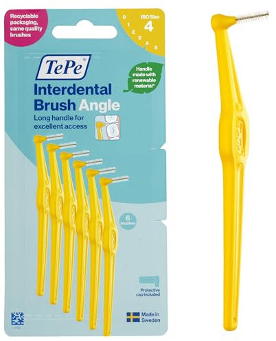 Brossette Interdentaire TePe Angle, Jaune, 0.7mm/ISO 4, 6pcs,élimine la plaque dentaire, nettoyage facile et efficace entre les espaces interdentaires intermédiaires