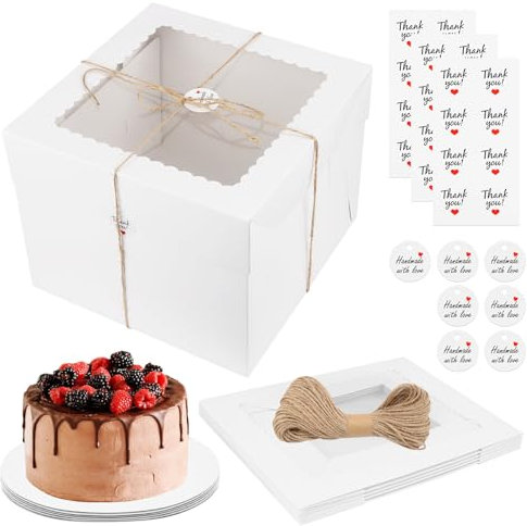 Encuryna 5 Sets Tortenschachtel Set, 5 Kuchenboxen & Bretter, Hanfseil, Karte und Aufkleber, Einweg Kuchenkarton mit Sichtfenster für Kuchen, Gebäck, Torten, 25,4 × 25,4 × 20,4 cm Tortenkartons