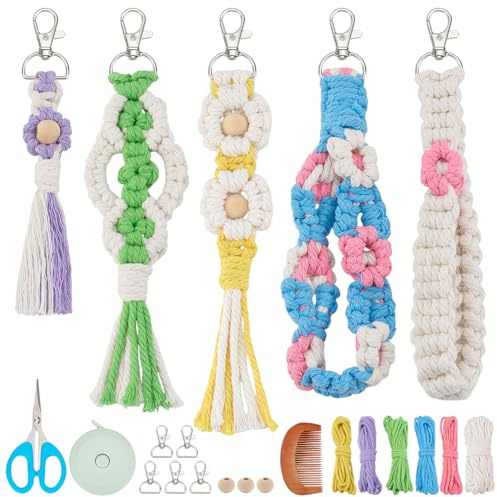 INFUNLY 5 Sets DIY Macrame Flower Keychain Kits Macrame Wristlet Keychains with Instructions Boho Cotton Cord Knotting Kits for Beginners Colorful Macrame Tassel Kits for Car Key Purse Phone Charm