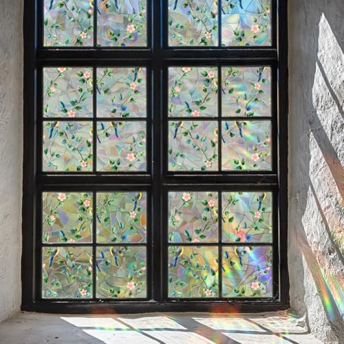GORGECRAFT Película de Privacidad para Ventana con Diseño de Pájaro sobre Un Árbol 100x43cm con Diseño de Arcoíris Primaveral Que Bloquea el Sol para Ventanas de Vidrio Tintado Decorativa 3D Estática