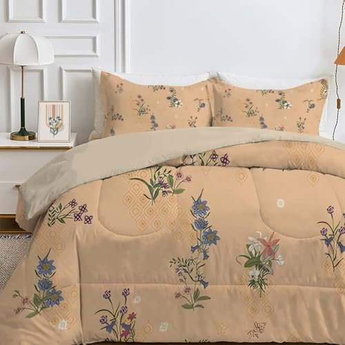SYHIEGO Blumen Bettdecke 135x200 cm, 4-Jahreszeiten Steppdecke, Waschbare Ganzjahresdecke ohne Bezug, Pflanzen Muster Weiche Schlafdecke, Einzelbettdecke, Braun -Ea265