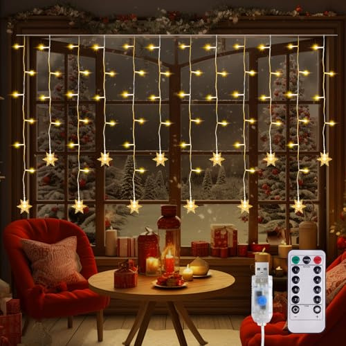 Lamptobe Schneeflocke Lichtervorhang Innen, 2M 103er LED Dimmbar Weihnachten Schneeflocke Lichterkette,LED Weihnachtsdeko Fenster mit 8 Modi und Timer,Stromversorgung über USB, warmweiß 3000K