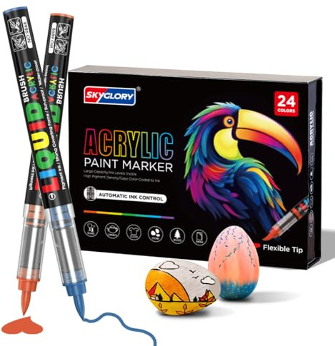 SKYGLORY 24 Colours Direct Liquid Ink Acrylic Paint Markers - Flexible Brush Tip Acrylic Brush Markers for Rock, Wood & Fabric (24)