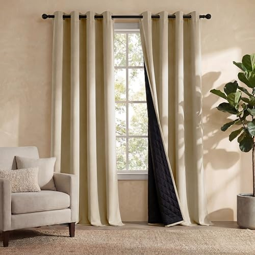 PONY DANCE Doppellagige Thermovorhänge Hitzeschutz H 210 x B 140 cm | 2er Set, Biscotti Beige, 100% Blickdicht, Dick, Verdunklungsvorhänge, Schwer, mit Ösen, Gardinen Wohnzimmer, Sichtschutz