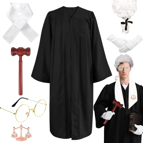 Kyndara 7-teiliges Richter-Kostüm-Set für Erwachsene, Gerichtsanwälte, Kostüm-Outfit-Set mit Perücke, Robe, Brille, Handschuhen, Hammer Kragen, Brosche für Gerichtssaal, Cosplay, Make-up, Mottoparty