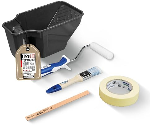 mako Kreidefarben-Lackierset 6-teilig mit Pinsel & Farbroller | 30mm Flachpinsel, 10cm Farbroller, 1,5l Farbtopf, Malerband & Rührholz für perfekte Möbel & Deko-Anstriche