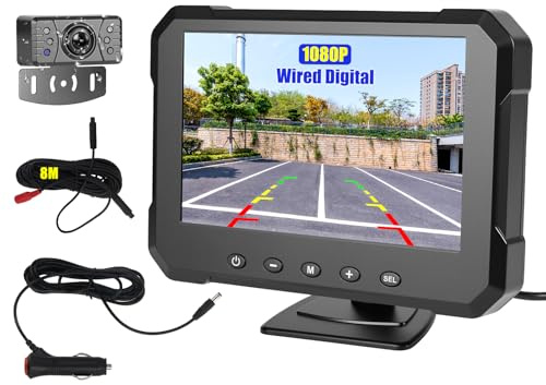OiLiehu Kit Caméra de recul Filaire Système, Moniteur HD 1080P de 5 Pouces pour Camera Voiture, Caméra de Vision Nocturne Étanche IP68, avec Câble d'extension de 26,2 Pieds, Ligne Auxiliaire Inversée