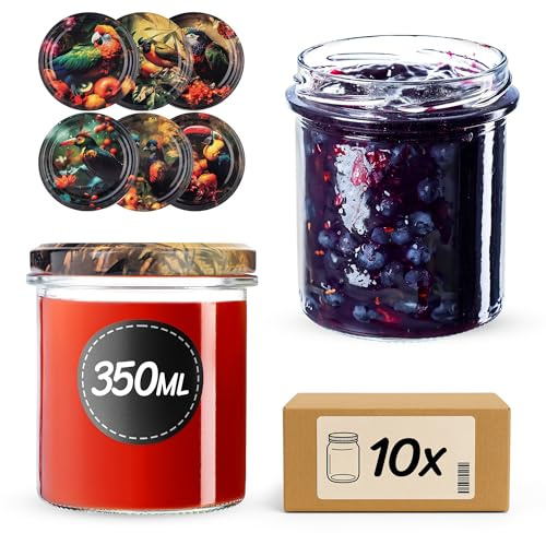 KADAX 10er Set Marmeladengläser 350ml TO82 Exotische Vögel, Einmachgläser Vorratsgläser Mason Jar mit Schraubdeckel, Luftdichte Schraubgläser, Honig & Konfitüre
