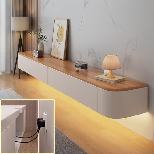 XDXINY Console TV flottante - Meuble mural - Banc de rangement - Meuble bas avec tiroirs et routeur (blanc-marron, LED, 160 x 20 x 24 cm)