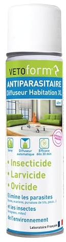 VETOFORM | Insecticide habitat | Spray & Diffuseur Automatique | Puces, Tiques, Punaises de lit | 250 ml | 60m² | Fabriqué en France | Efficacité testée et prouvée