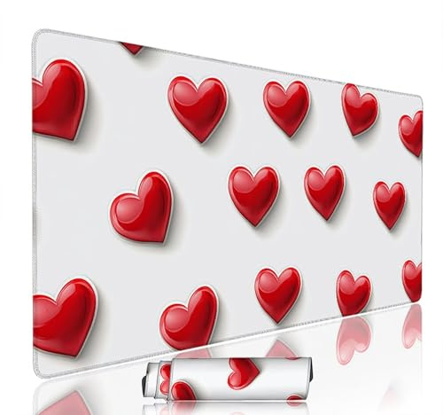 Tapis de Souris Blanc sous Main Bureau Tapis de Souris Gaming XXL 1200x600x3mm Mouse Pad Caoutchouc Coeurs Rouges Grand sous Main Gamer Accessoires PC Imperméable, pour Clavier Ordinateur w-8099