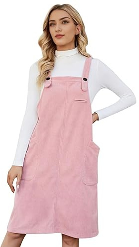 Runstarshow Corduroy Pinafore Dresses for Women UK Ladies Casual Sleeveless Overall Dress with Pockets Loose Fitting Autumn Winter Clothes Plus Size 8-18 (XS-XL)