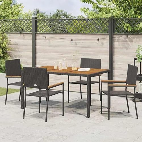 Eleganz Garten Stapelstühle 4er Set Schwarz & Braun aus PE Rattan und massivem Akazienholz - langlebig, wetterfest, perfekt für Terrasse oder Balkon