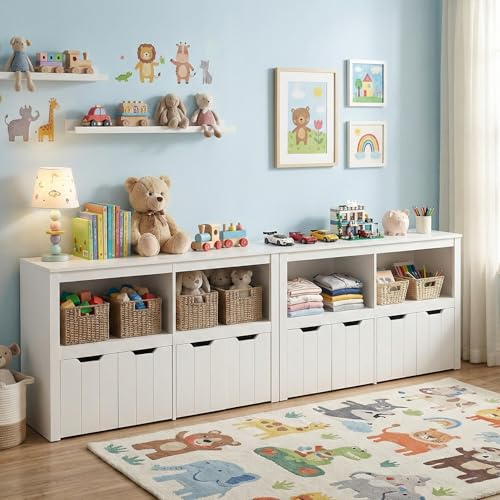 Barnhylla med lådor, set om 2, barnhylla barn, bokhylla med barnbyrå, leksaksorganisatör vit, barnskåp, barnbyrå, möbler med 3 förvaringslådor för barnrum, 120 x 33 x 61 cm