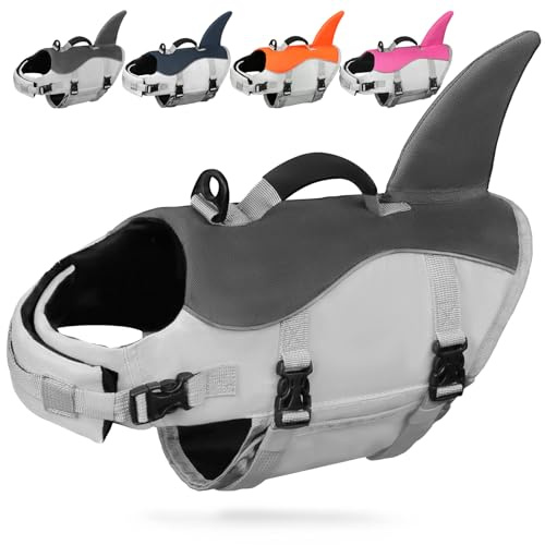 AMZNOVA Hundeschwimmweste Shark Hunde Schwimmweste Rettungsweste | with Haiflosse Flosse zum Schwimmen, Hai & Atmungsaktiv for Hund, L, Grau