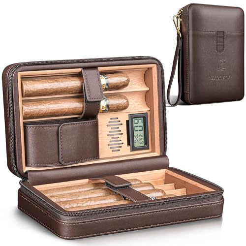 Travel Cigar Humidor with Hygrometer & Humidifier,Leather Cedar Wood Lined Cigar Case,Portable Humidor Cigar Box for 6 Cigars,Gifts for Men
