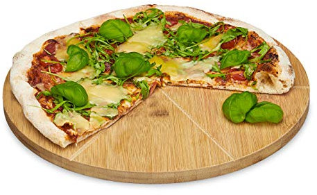 Relaxdays Plato para Pizza, Redondo, Resistente, Porciones Uniformes, Bambú, 1 Ud, Marrón, 33 cm