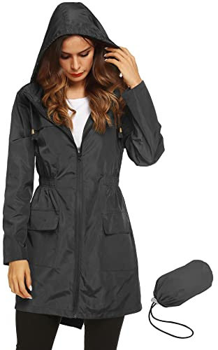 LOMON Women Waterproof Lightweight Rain Jacket Active Outdoor Hooded Raincoat (M, Black1)