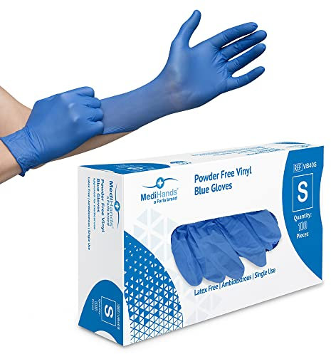 Farla MediHands Blue Small Vinyl Gloves - Box of 100 Disposable Vinyl Medical Glove - Powder, Latex, & Protein Free Glove - Multi-Purpose, Single Use Surgical Gloves