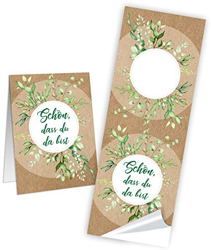 Logbuch-Verlag 25 schön dass Du da bist Namensaufkleber Aufkleber Kraftpapier weiß Eukalyptus Blätter 5 x 14,8 cm Banderole Geschenke Verpackung