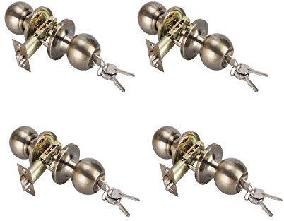 NEWBANG 6072-AB-ET-4P Knaufschloss mit Schlüssel für Außentür und Haustür, runder Knauf, Türgriff, antikes Messing-Finish, 4 Stück