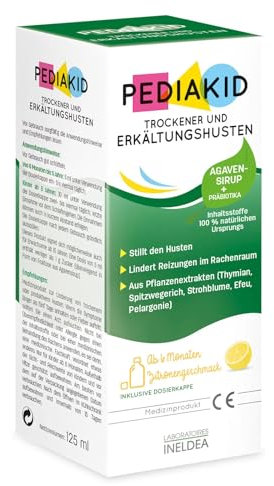 PEDIAKID - TROCKENER ODER PRODUKTIVER HUSTEN - Exklusive Formel mit Agavensirup - Beruhigt den Husten - Lindert Reizungen im Hals - Natürliches Zitronenaroma - Flasche 125 ml