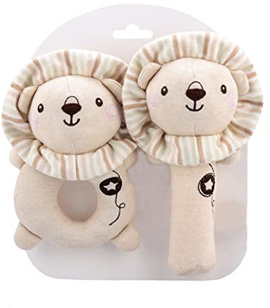 Anguxer 2 Stück Baby Rasseln Spielzeug, Cartoon Tier Rassel mit Klingel Glocke, Greifling zum Rasseln aus Bio-Baumwolle, Babyspielzeug 0+ Monate