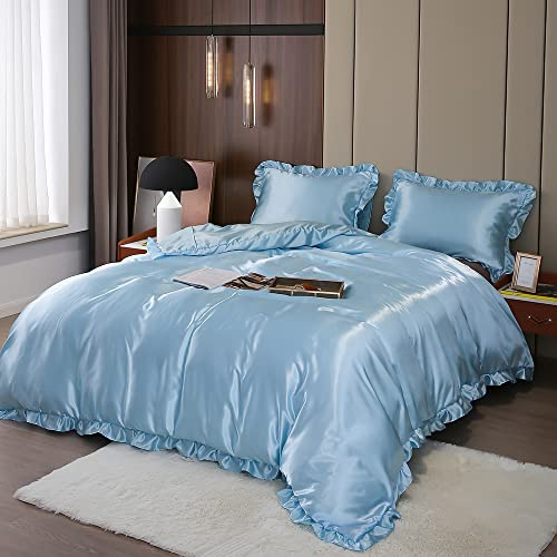 Baby Blue Bedding Silk Like Satin Duvet Cover Set Luxury Silky Like Blue Ruffle Duvet Cover Sexy Silky Bedding Sets Queen 1 Duvet Cover 2 Pillowshams (Queen, Baby Blue)…