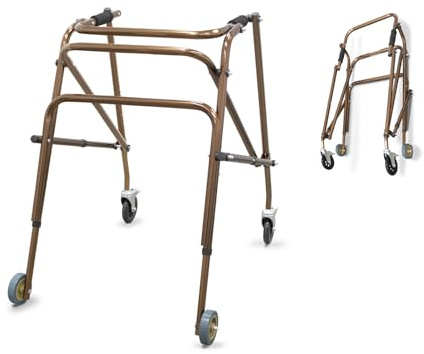 QUIRUMED Leichter Gehhilfe aus Aluminium, mit 4 Rädern, doppelter Stabilisatorstange, wendig, kompakt, höhenverstellbar, bronzefarben, für ältere Menschen, für ältere Menschen