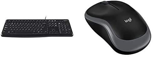 Logitech K120 Wired Business Keyboard, Black & M185 Wireless Mouse, 2.4GHz with USB Mini Receiver, 12-Month Battery Life, 1000 DPI Optical Tracking, Ambidextrous, Grey