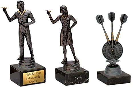 eberin · Dart Pokale 3 Resinfiguren Mann, Frau, Dartscheibe/Dartpfeile auf Marmorsockel · Dart Trophäe · Dart Preis · Dartclub Pokal mit Wunschgravur ·