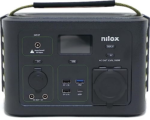 Nilox, Power Station PS300 300 W de puissance, avec batterie Li-ion NMC pour sorties hors-porte et usage domestique, compatible avec tous les appareils à courant, recharge murale, voiture ou panneau