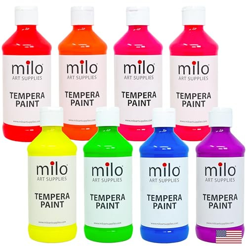 milo Fluorescent Neon Washable Paint | 8 oz Bottles 8 Colors | Made in the USA | Glows UV in Black Light | Safe & Non-Toxic Tempera Paint for Art & Craft, Poster, Window, Classroom, School