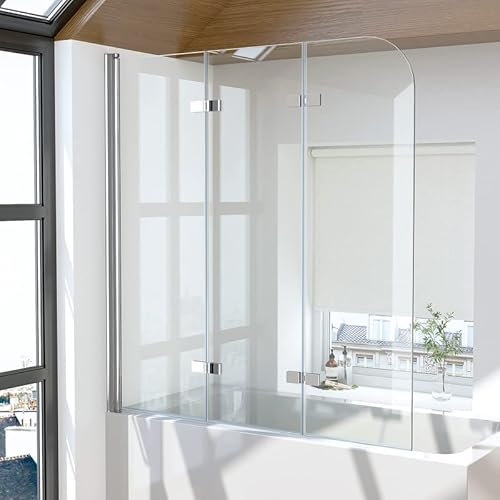 Duschwand für Badewanne 3-teilig 140x140cm Faltbar Duschabtrennung, Badewannenaufsatz Duschtrennwand 6mm ESG Sicherheitsglas mit Beidseitig Nano beschichtung, 140cm Silber Trennwand