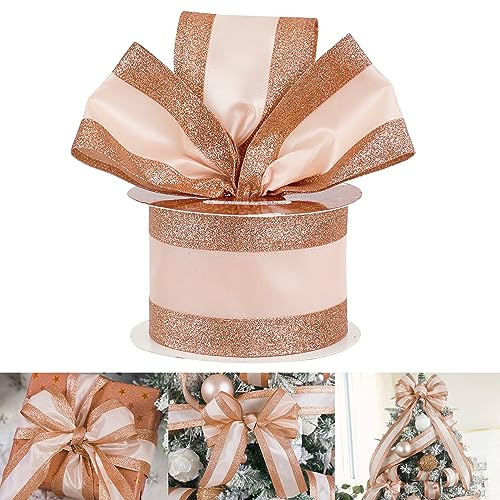 HUIHUANG Rose Gold Christmas Ribbon Wired Satin Ribbon with Glitter Stripe Edges 2.5 inch for Christmas Trees, Bows Making, Wreaths, Gift Wrapping Garland, Home Decor, Crafts -10 Yards
