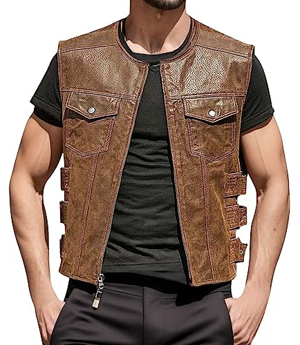 Men's Motorcycle Leather Vest Biker Vest Motorcycle Vest Cowl with Lacing Cycling Jacket Sleeveless Windproof Cycling Jacket Rocker Motorcycle Club Vest Sleeveless Leather Vest, brown, S